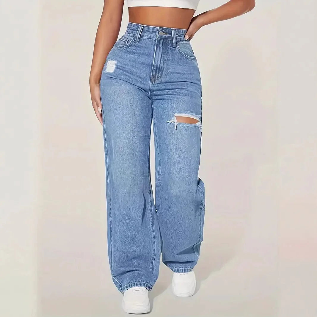 2025 Washed Ripped High-waisted Wide-leg Jeans. New Four Seasons Fashionable and Versatile Casual Floor-length Jeans for Women