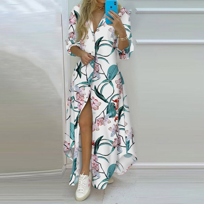 Women Boho Printed Long Shirts Dress Summer Turn-down Collar Long Sleeve Party Dress Female Casual Evening Maxi Dresses Vestidos