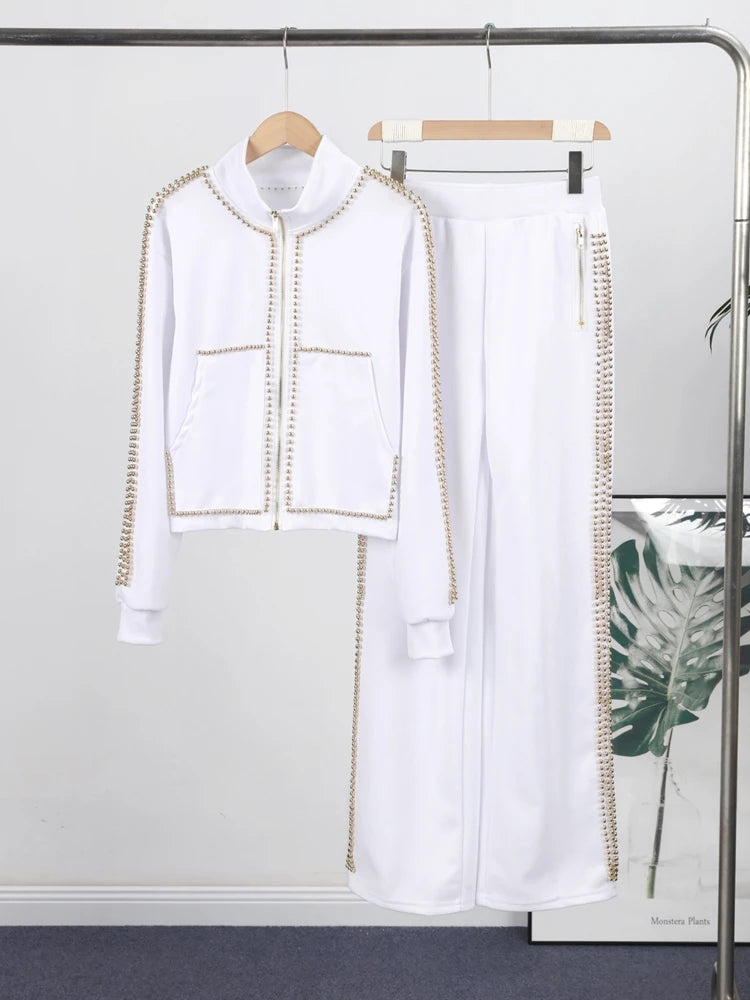 Women's Pants Set Round-Neck Tops Pearl-Trim Wide-Leg Fashion Oversized Elegant 2-Piece Outfit Spring New Fashion Woman Clothes