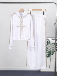 Women's Pants Set Round-Neck Tops Pearl-Trim Wide-Leg Fashion Oversized Elegant 2-Piece Outfit Spring New Fashion Woman Clothes