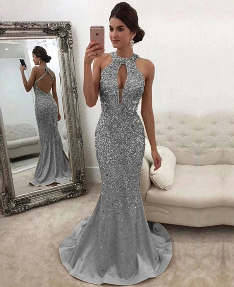 New Arrival Hot Sale Woman Dress Autumn Summer  Women's Fashion Sequin Open Back  Evening Party Wedding Dress