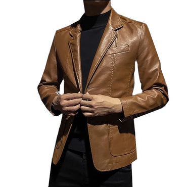 2024 New Men Business Casual Leather Jacket Black / khaki Fashion Male Suit Collar Coats Large Size 5XL Slim Fit Top