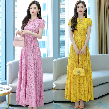 Bohemian Dresses For Women 2023 Fashion Elegant Short Sleeve Holiday Beach Chiffon Maxi Dress Yellow Vintage Floral Long Dress