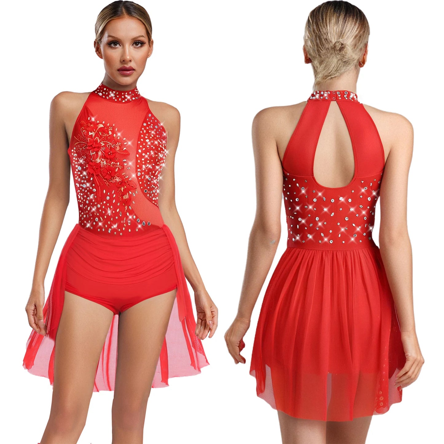 Women Latin Cha-cha Dance Performance Costumes Rhinestone Applique Sleeveless Leotard Skating Ballet Samba Rumba Tango Dancewear