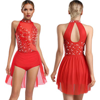 Women Latin Cha-cha Dance Performance Costumes Rhinestone Applique Sleeveless Leotard Skating Ballet Samba Rumba Tango Dancewear