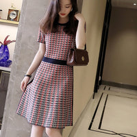 Sexy 2022 Summer Plaid Knitted Dress Female Vintage Fashion O-Neck Short sleeve A-Line Dress