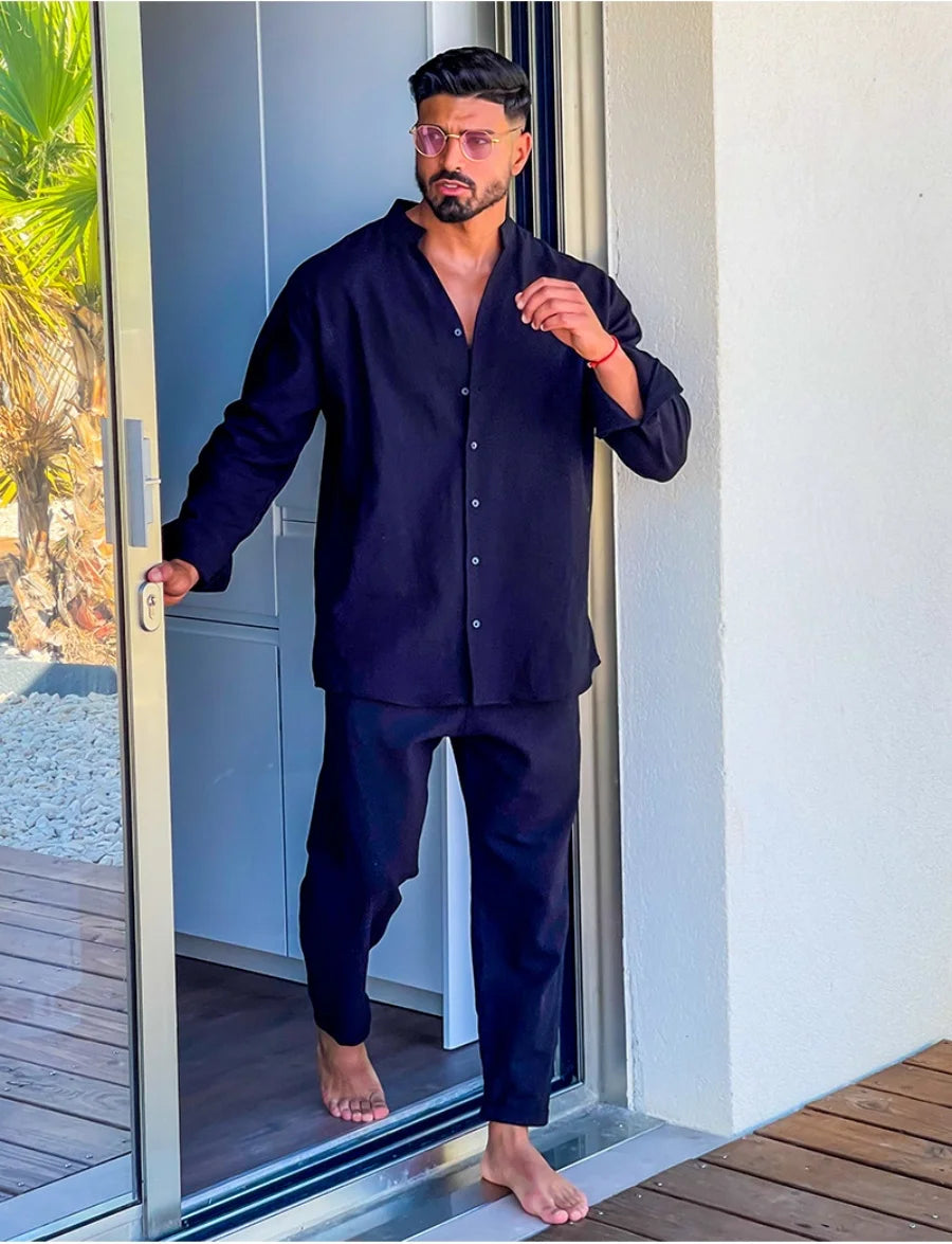 Men's casual cotton and linen suit, fashion comfortable linen solid color stand collar shirt street loose long sleeve two-piece