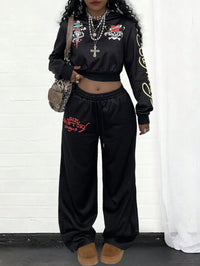 Ed Hardy Skull & Heart Print Cropped Hoodie and Wide Leg Pants Set - Gothic Streetwear