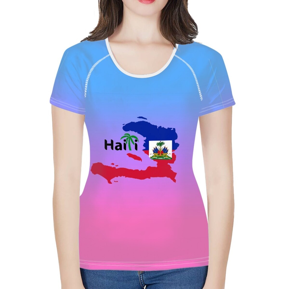 doginthehole Women Fashion Culture Tops Red and Blue Haiti Flag Print Running T-shirt Female Summer Casual Breathable Clothing