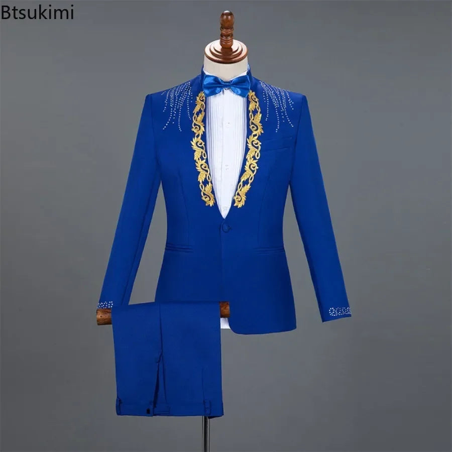 2025 Men's Stage Costume Suit Sets 2PCS Fashion Luxury One Button Sequin Embroidery Suit Jacket+Pants Male Singer Host Clothes