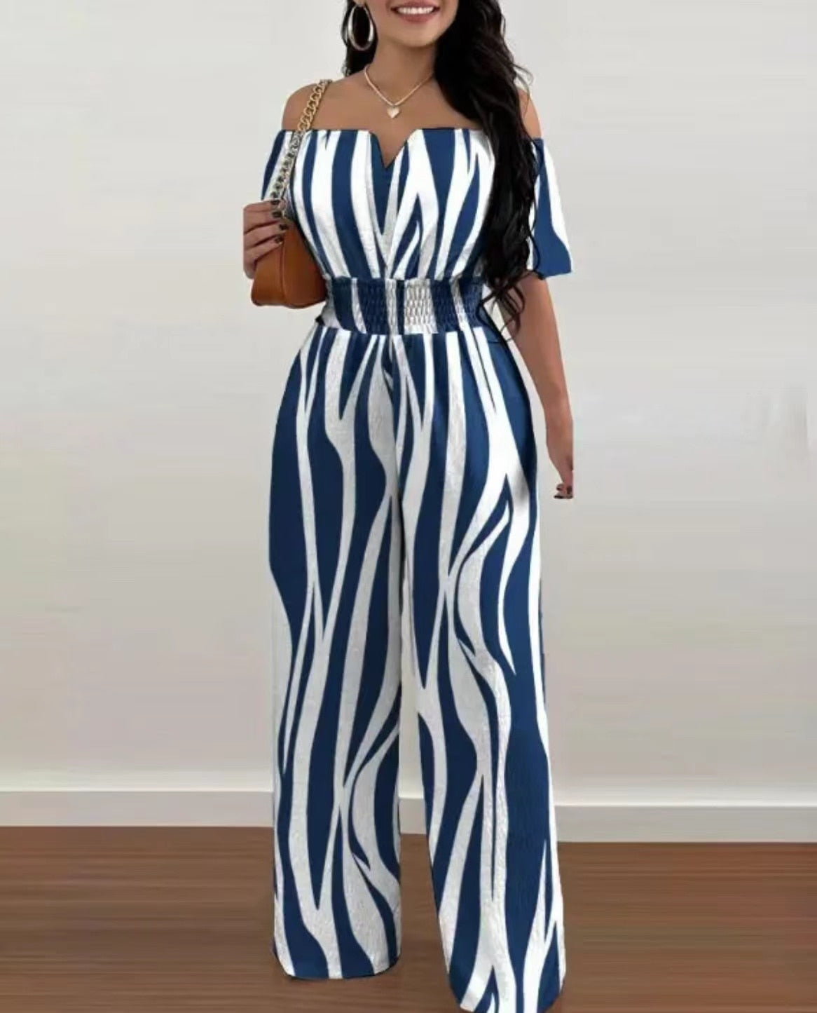 Summer Fashion Printed Wide Leg Jumpsuit Women Sexy Beach Style Off-shoulder High Waist Jumpsuit Womem