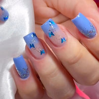 Summer Blue Green Butterfly Nail Art Square False Nails Love Design Fake Nails Fake Fingernails Full Cover Press on Nails 24Pcs