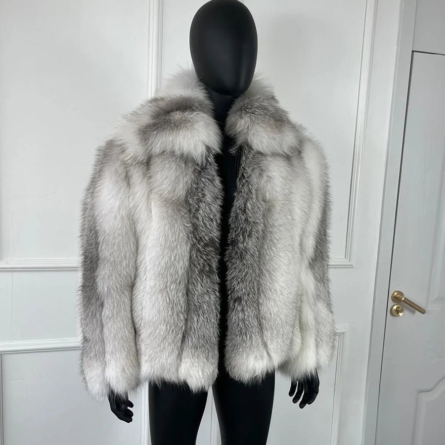 Winter Men's Fashion Short Style Zipper Real Fox Fur Jacket Natural Sliver Fox Fur Coat With Collar