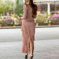 Autumn Long Sleeve Spliced Tassel Party Dresses Woman Elegant Deep V Neck Sheath Long Dress Fashion Solid Pleated Bohemian Dress