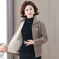 Winter Mother's Attire New Jacket Middle-Aged And Elderly Women's Fleece-Lined Woolen Sweatshirt Warm  Stand Collar Top