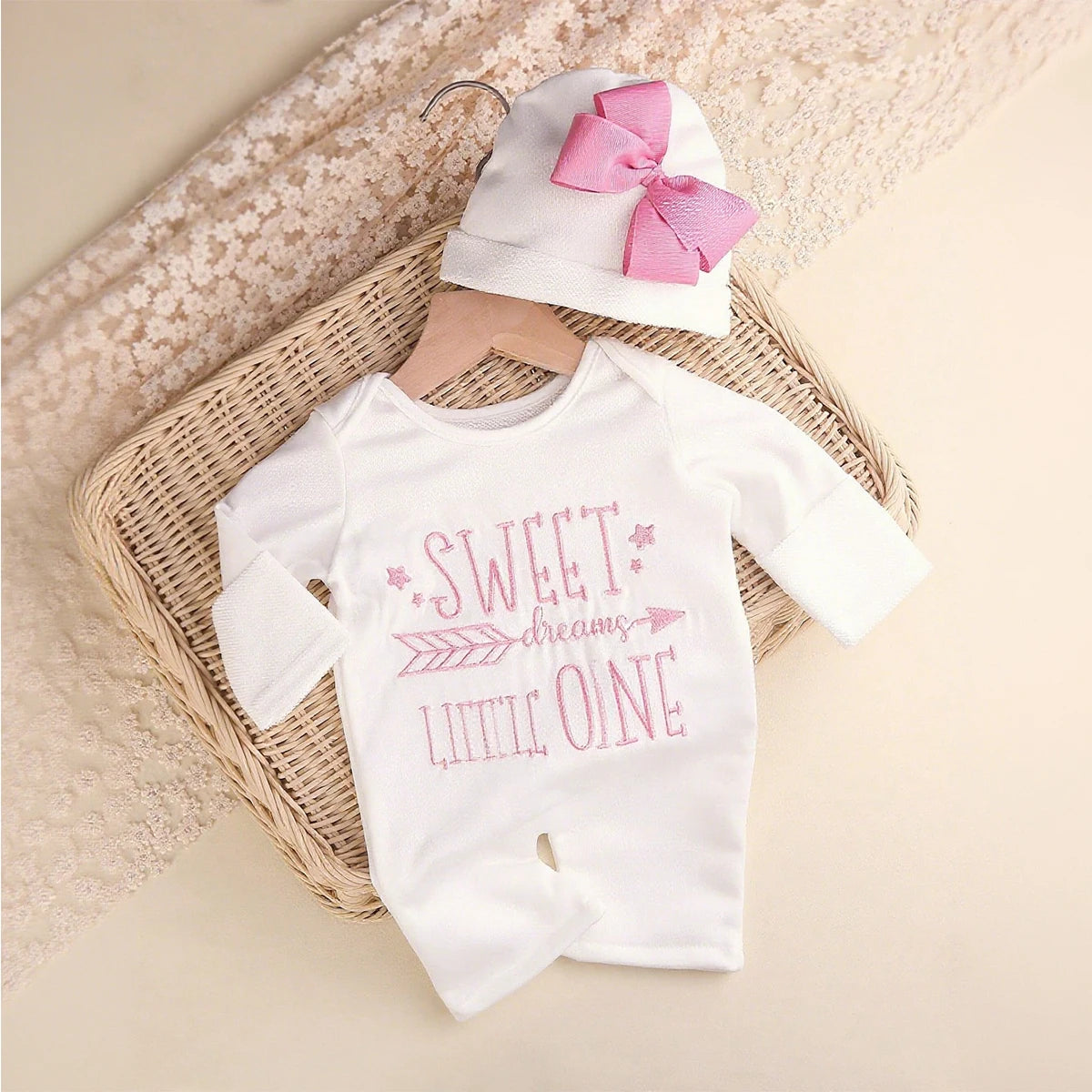 Ylsteed Newborn Photography Romper Jumpsuit with Bow Hat 'Hello World' Embroidery Infant Props for Coming Home Outfit Baby Gift