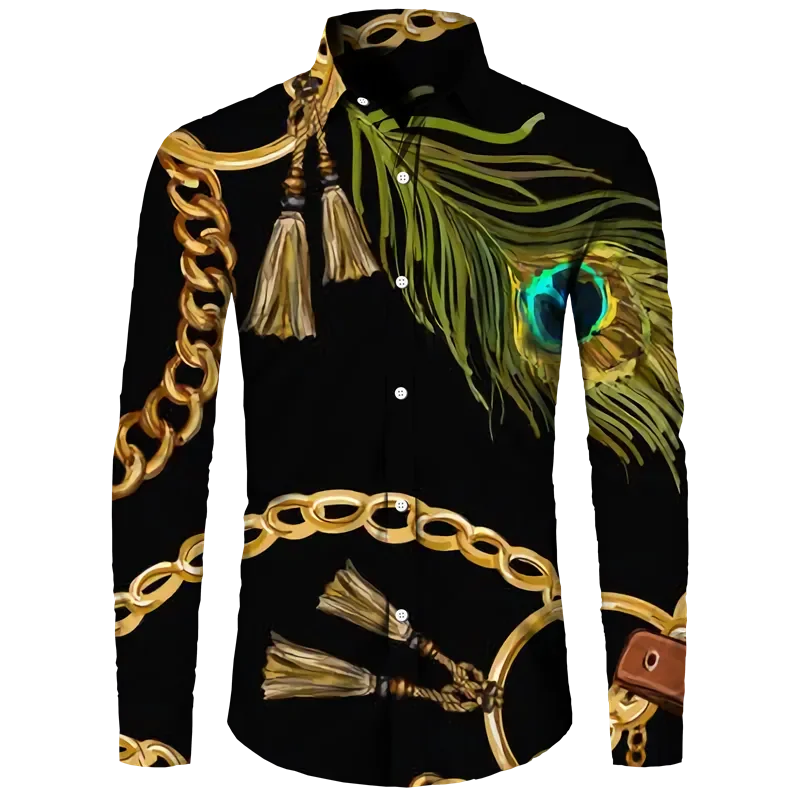 Fashion Luxury Golden Flower Print Men's Shirts Baroque Style Short/Long Sleeve Lapel Button Up Tops Social Hawai Party Cardigan