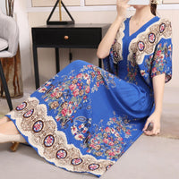 Summer Poplin Dresses Women Round Neck Puff Short Sleeve A Line Print Dresses Ethnic Style Tight High Waist Long Dress 2023