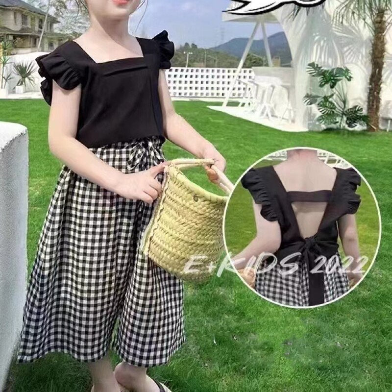 Summer Children'S Girls' Clothing Sets 2022 New Camisole Top Plus Plaid Wide-Leg Pants 2Pcs Fashion Baby Kids Clothes Suit