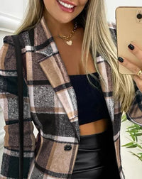 Plaid Print Button Front Long Sleeve Coat Casual Work Office Jacket Office Lady Outfits Autumn and Winter Women's Fashion Coat