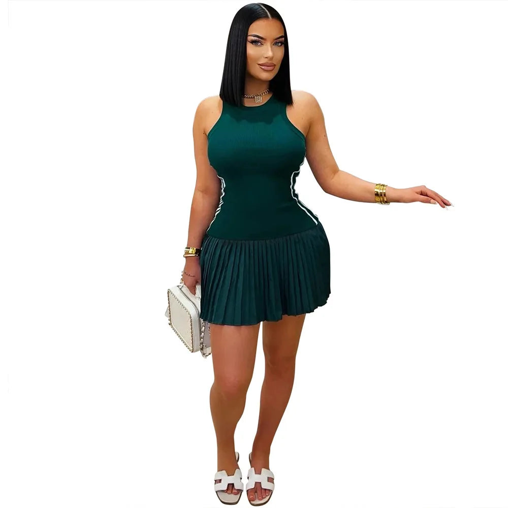 Women's Sleeveless Side Striped Stretch Pleated Mini Dress for 2025 Summer Sexy Casual Short Dresses Sports Streetwear Clothing