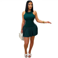 Women's Sleeveless Side Striped Stretch Pleated Mini Dress for 2025 Summer Sexy Casual Short Dresses Sports Streetwear Clothing