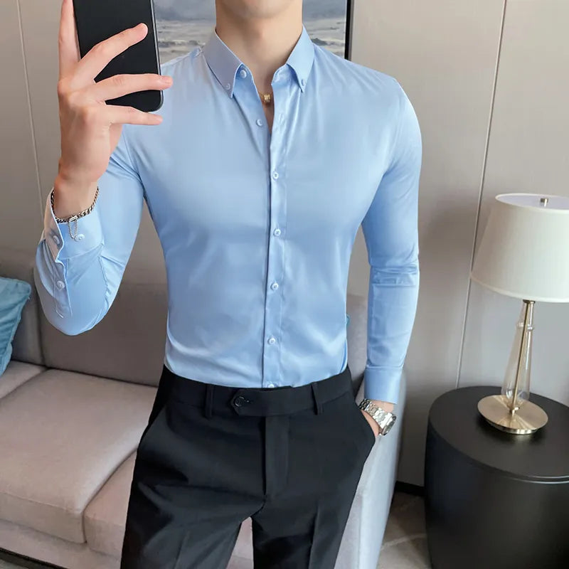 Hot Sale Long Sleeve Men Dress Shirts Simple All Match Business Formal Wear Slim Fit Casual Office Blouse Homme Plus Size 5XL-M