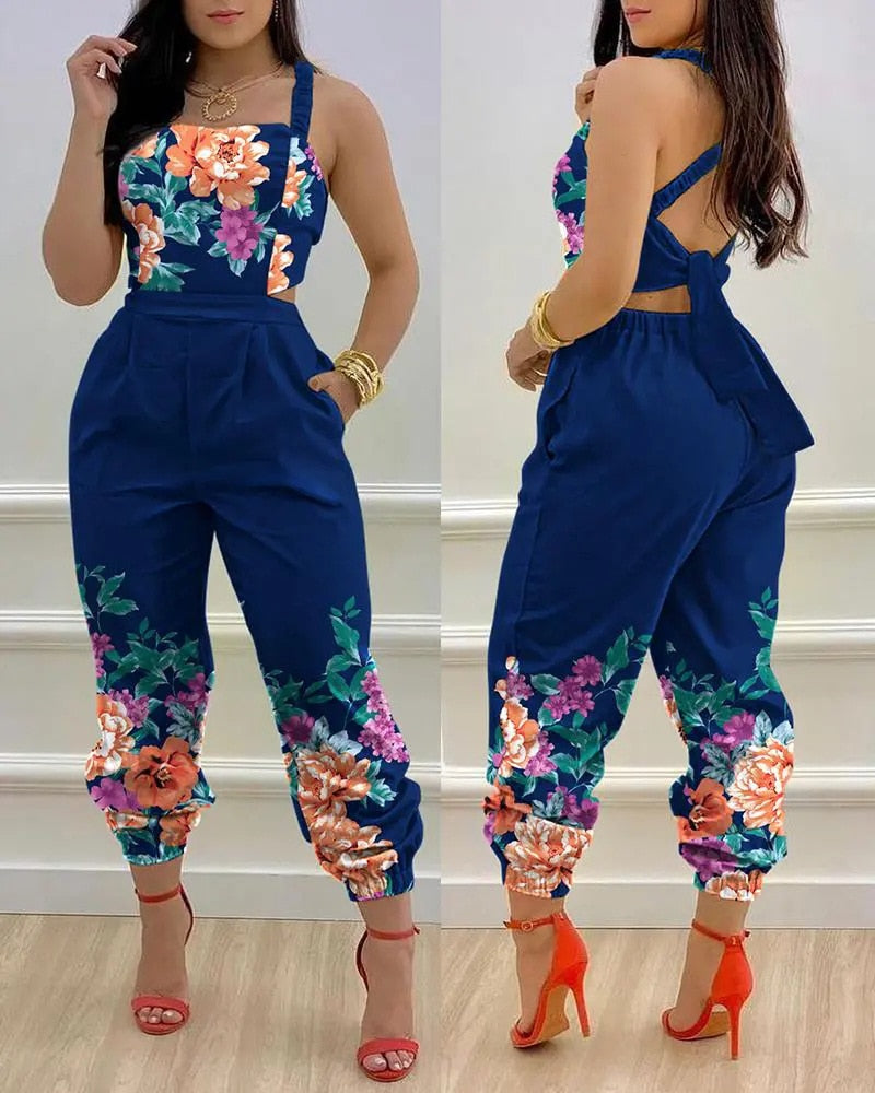 Woman Jumpsuits Elegant 2022 Jumpsuits  Sexy V-neck Sleeveless Printed Jumpsuit New Fashion with Belt Vest Playsuit Streetwear