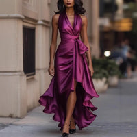 Women Fashion Solid Color V Neck Sleeveless Irregular Hem Midi Dress Party Cocktail Elegant Dress for Night Out