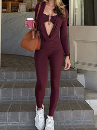 Sisterlinda Swinging Neck Slim Jumpsuits Sexy Hot Solid Cleavage Full Sleeve Elastic Overalls+Inside Chest Tanks Mujer Clubwear