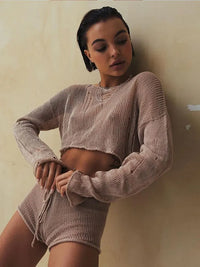 2023 Sexy Beach Crop Top Shorts Sets Women Knit Long Sleeve Lace Up Female Suit Summer Holiday See Through 2 Piece Set Womens