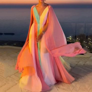 Ellafads Women Maxi Dress Summer Elegant Chiffion V Neck Backless Pleated Colorful Print Nipped Waist Shawl Evening Party Dress