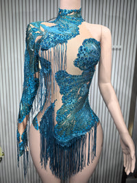 Gold Silver Sequins Tassel Elastic Bodysuit Sex)Pole Latin Dance Stage Wear Nightclub  DJSinger Dancer Performance Costume  Q025