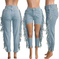 CM.YAYA Ripped Jeans for Women Hole High Waist Cut Out Hole Tassel Splicing Jeans Trousers Vintage Stretch Flare Denim Pants