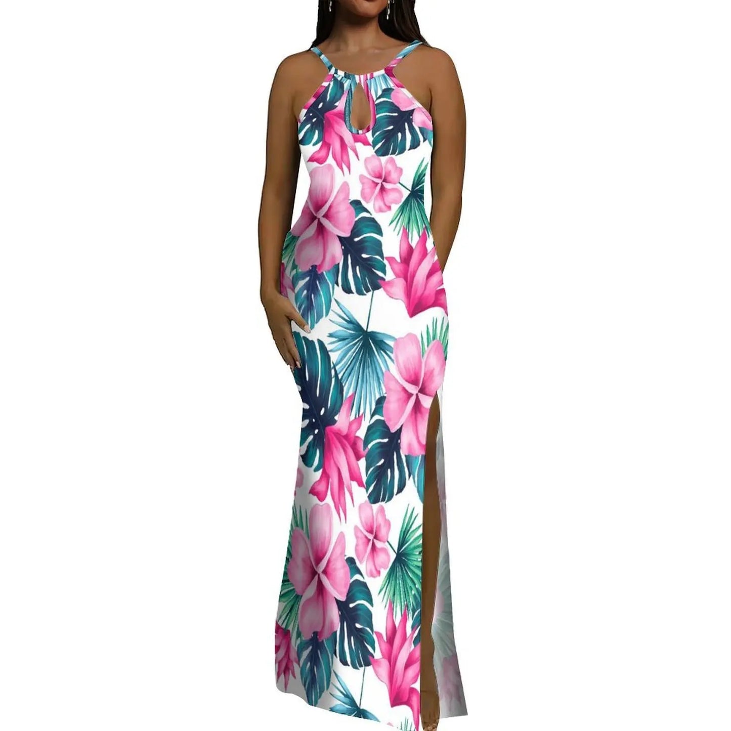 Halter Water Drop Floor-Length Dress For Polynesian Ladies Custom-Made Floral Pattern Evening Dress Stunning Summer Dress