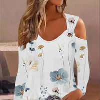 Women's Casual Loose And Minimalist Printed Metal Buckle V-neck Long Sleeved Shirt Tops 2023 Sexy Off Shoulder Blouse Mujer