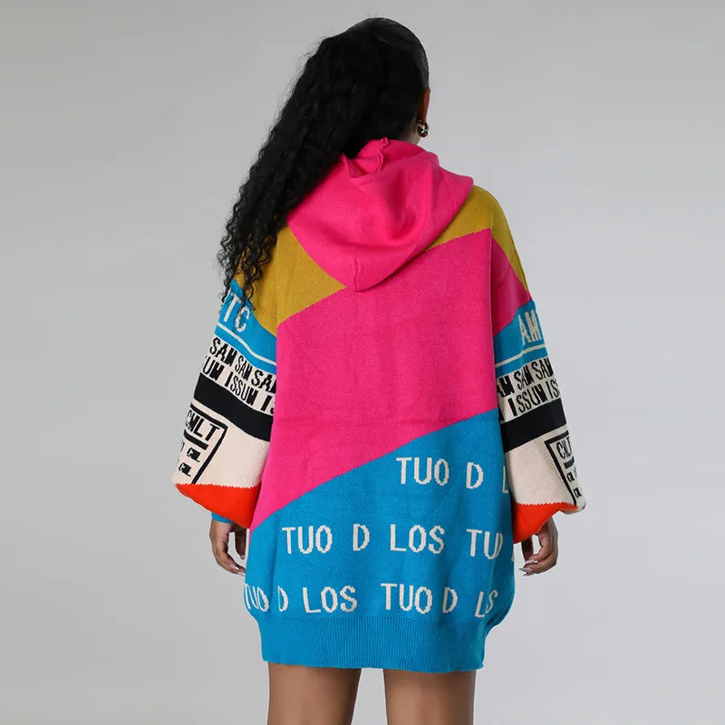 Oshfall European and American autumn and winter hooded drawstring long sleeves color matching letters loose long women's sweater