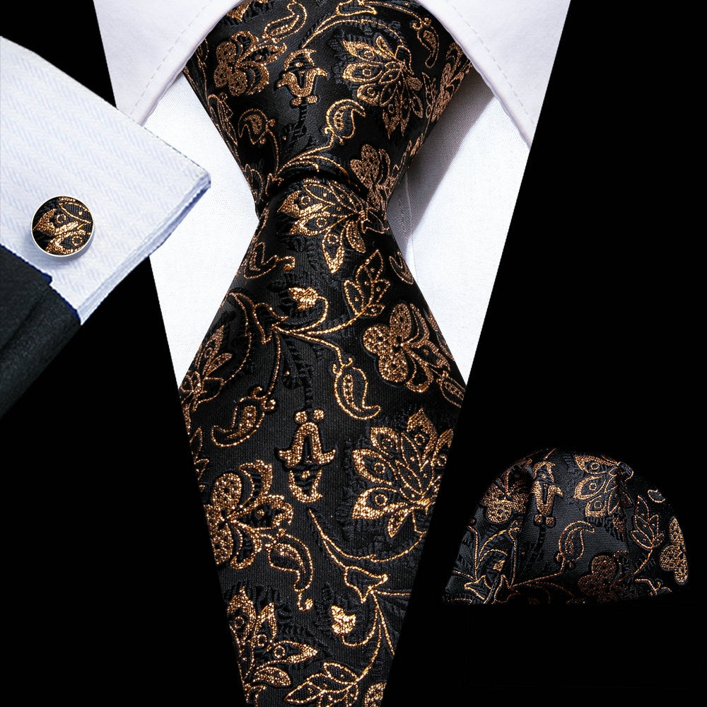 Retro Orange Floral Men Tie Set Silk Jacquard Necktie Wedding Business Handkerchief Cufflinks Tie Barry.Wang Designer FA-5346