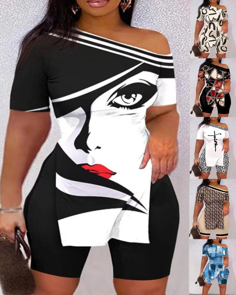 2023 Sexy Summer Fashion Printed Two Piece Set Short Sleeve Split T-Shirt shorts