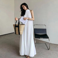 Women Summer 2023 White Beach Dress Sexy Pleated Dress Casual A-line Sundress O Neck Strap Sleeveless Party Long Robes