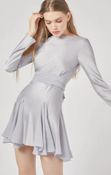New York Fashion Women Sexy Romantic Long Sleeve Bandage Pleated Silky Short Dress