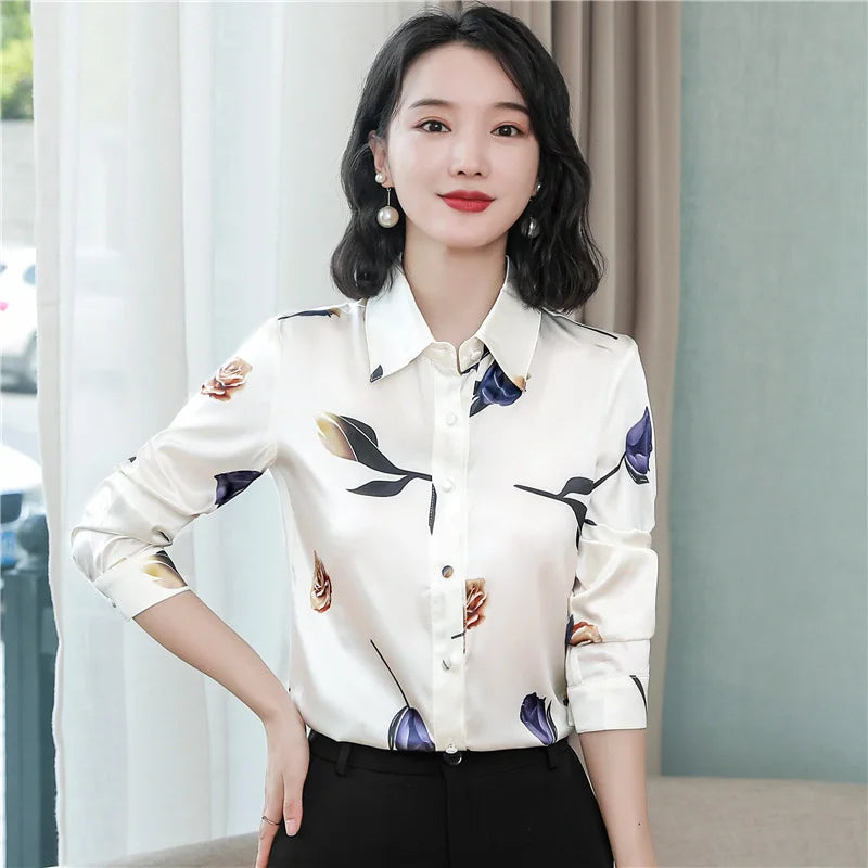 Silk Printed Long Sve  Ne Women's irt Spring 2026 Slim Fit Faion Design Korean Sle Commute Wind Floral Pattern
