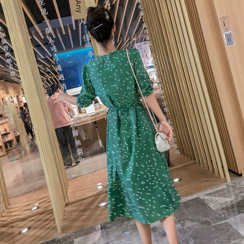 2023 Green Polka Dot Zhixun Dress Niche Style French Retro High Waist Water Green Dress over the Knee A- line Dress Women