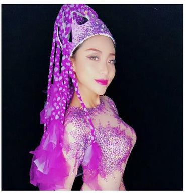 Women Stage Dance Wear Sexy Mesh Perspective Bodysuit Purple Colorful Rhinestones Jumpsuit Female Evening Celebrate Sexy Costume