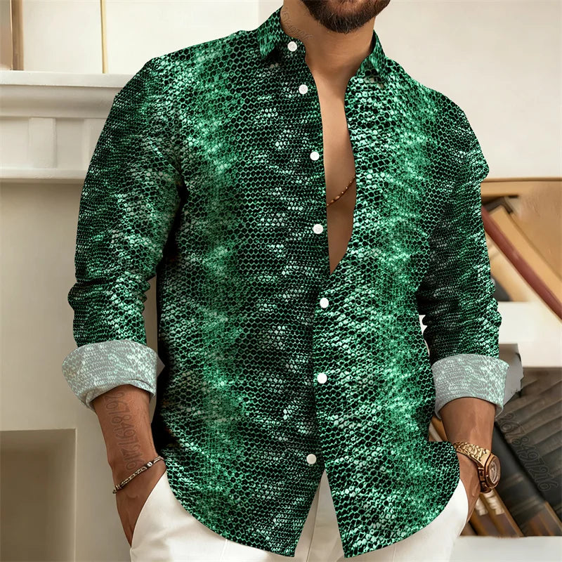 2026 New Men's Shirt: Snake-Print Long-Sleeve Shirt  Stylish Slim-Fit Turn-Down Collar Shirt, Streetwear Trend, Hawaiian Style