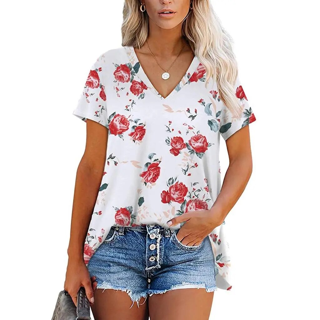 Women'S T-Shirt Summer Short-Sleeved Tops Casual Floral Print Fashion V-Neck Tshirt Summer Short-Sleeved Fancy Pullover Clothing