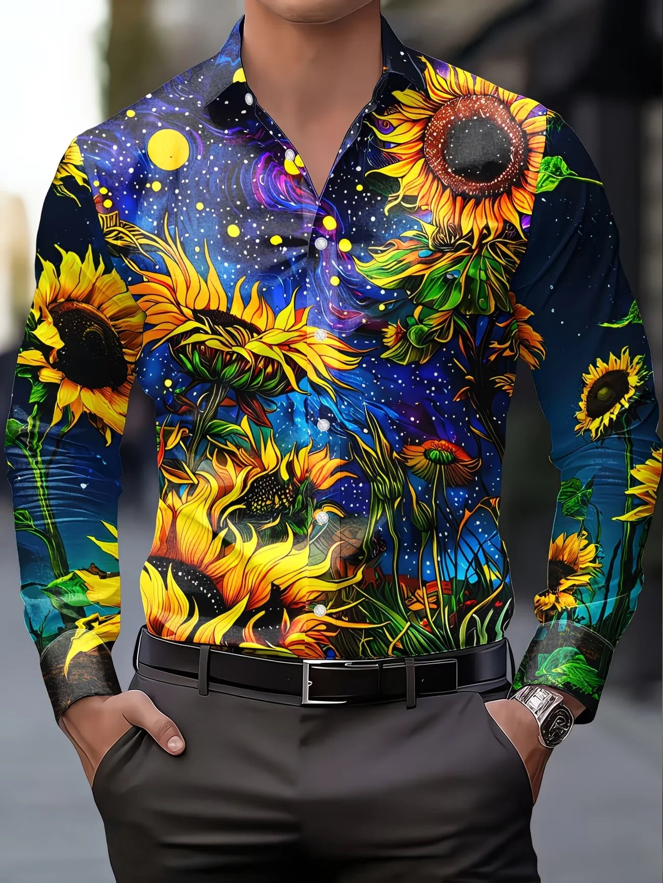 New Van Gogh Starry Sky Sunflower 3D Printed Men's Long Sleeve Shirt with Collar Art Style Shirt Clothing