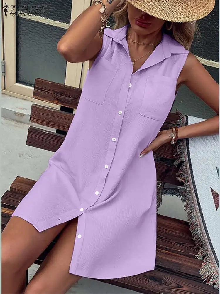 Women Solid Lapel Sundress ZANZEA Oversized Mini Dresses 2023 Summer Single Breast Pocket Shirt Dress Casual Office Tank Vestido