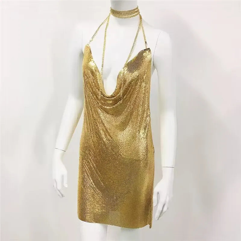 2023 Fashion Sexy Sequin Patchwork Dress Women Sleeveless Low Cut Metal Chains Halter Slim Charming Nightclub Party Mini Dresses