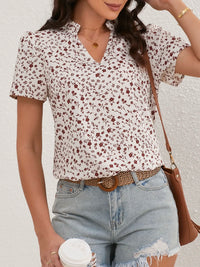 Ladies Ditsy Floral Frill Trim Notch Neck Puff Sleeve Blouse Women Tops Shirts